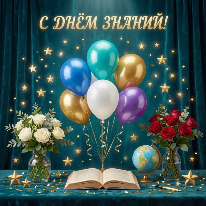 Праздничная открытка ко Дню знаний: на тёмно‑бирюзовом бархатном фоне - золотая надпись «С Днём знаний!», в центре - связка воздушных шаров, перед ними — раскрытая книга. По бокам - вазы с белыми и алыми розами, рядом - глобус и перьевая ручка. Композицию дополняют золотые звёзды и конфетти.