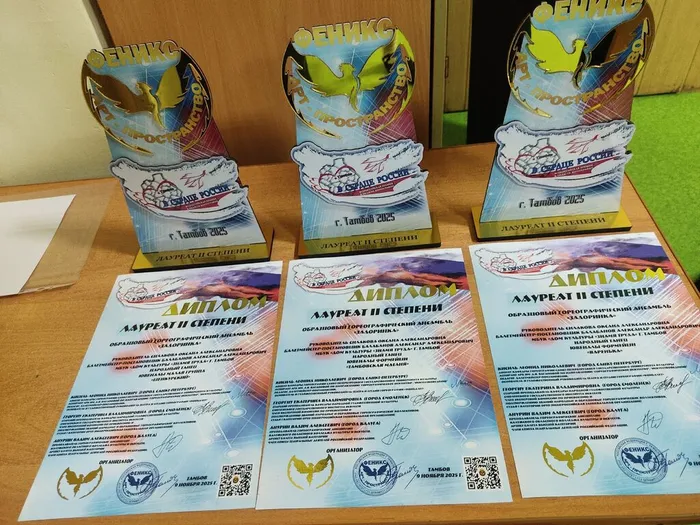 Дипломы лауреата II, III степени и наградные статуэтки Всероссийской премии в области хореографии «В сердце России», врученные образцовому хореографическому ансамбля «Задоринка», 09.11.2025 года