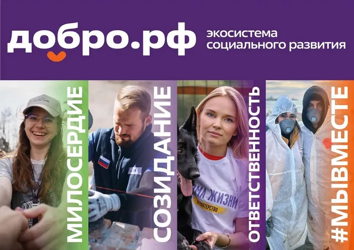 Инфографика платформы Добро.рф - экосистема социального развития. На фотоколлаже: волонтёры в разных ролях: женщина в кепке и очках (блок «Милосердие»), мужчина в перчатках и с нашивкой флага (блок «Созидание»), девушка с собакой (блок «Ответственность»), люди в защитной экипировке и масках (блок #МЫВМЕСТЕ). Вертикальные цветные плашки с подписями разделяют сцены. Вверху - логотип «Добро.рф» с оранжевым сердцем и слоган «Экосистема социального развития».